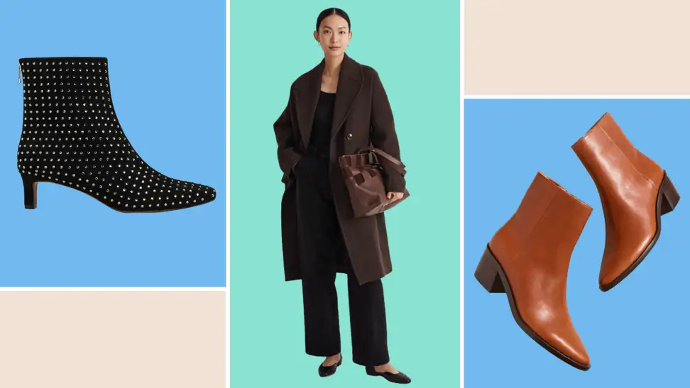 Photo of a model wearing a brown Madewell coat next two photos of brown and black Madewell boots.