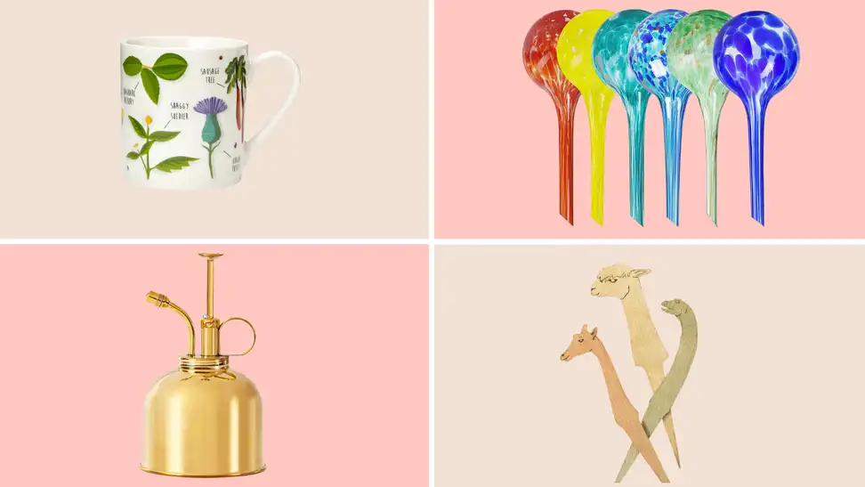 Uncommon Goods Plant mug, Miles Kimball watering globes, Sustainable Village brass mister, Uncommon Goods plant peepers.
