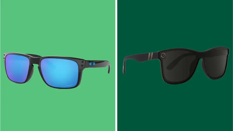 A colorful collage with two pairs of sunglasses.