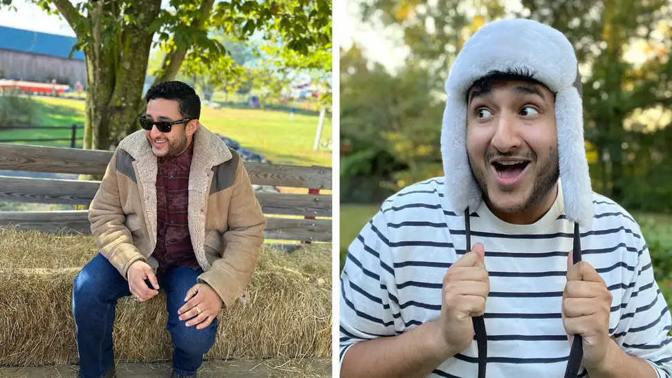 At left, the author is seen seated on a hay ride, wearing a Western-style shearling jacket. On the right is the author wearing a shearling aviator hat.