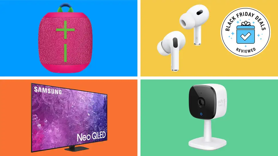 Four technology devices with the Black Friday Deals Reviewed badge in front of colored backgrounds.