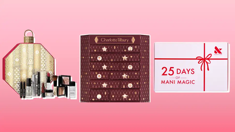 Collage of three Advent beauty, Bobbi Brown, Charlotte Tilbury, and Olive & June calendars against a golden background.