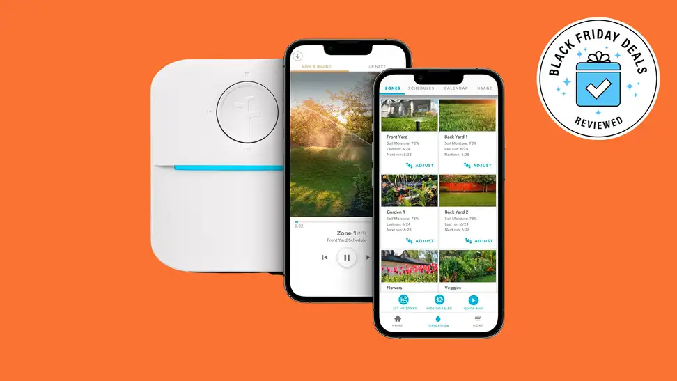 Rachio sprinkler system and smartphone on orange background