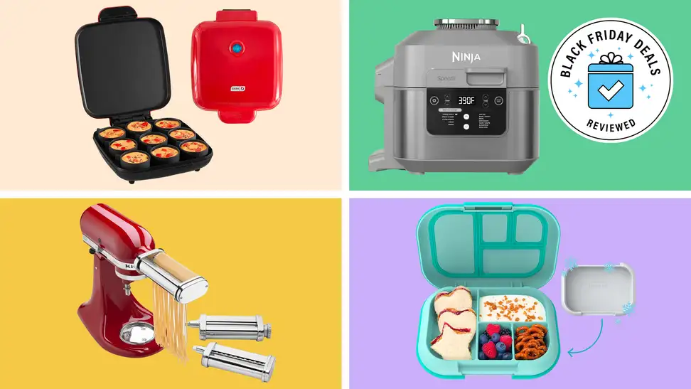 Kitchen gadgets on a multicolored background