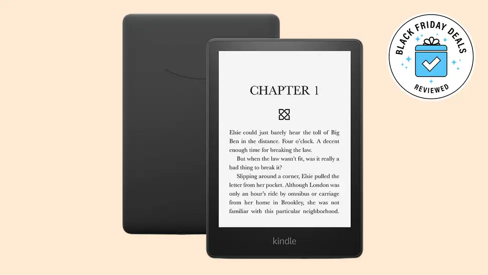 An e-reader sits on a peach background