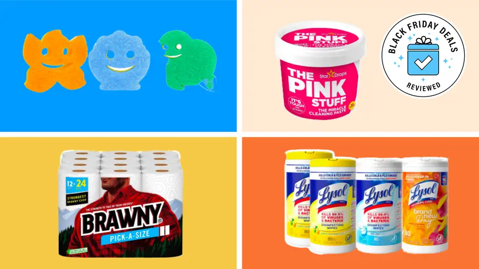 Kitchen sponges, Pink Stuff cleaner, paper towels, and Lysol wipes on a colorful background