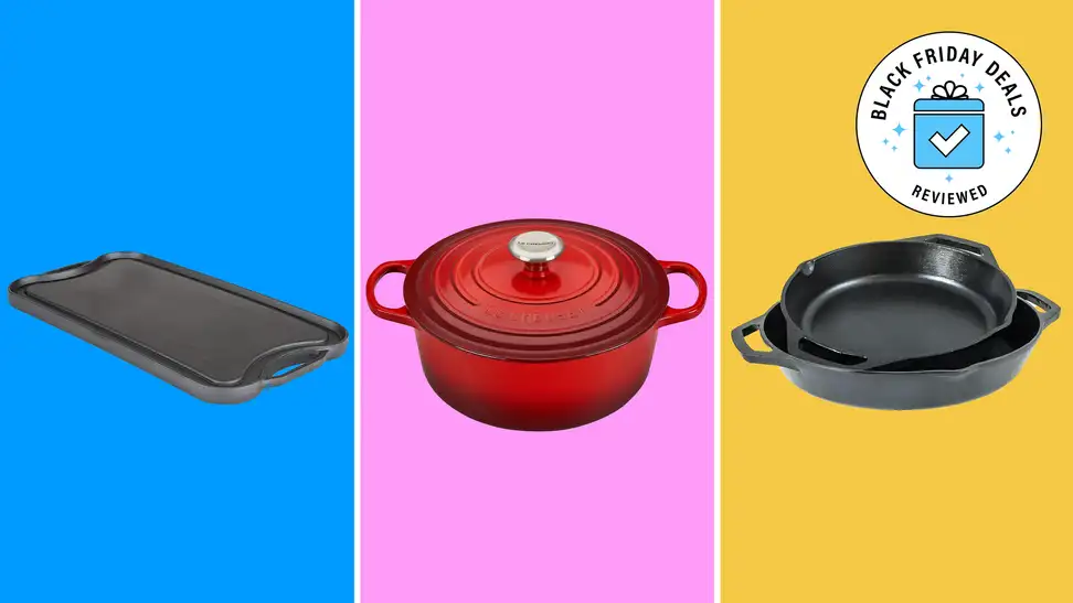 Photo collage of a Viking Cast Iron Griddle, a red Le Creuset Dutch Oven and a Lodge Dual Handle Pan.