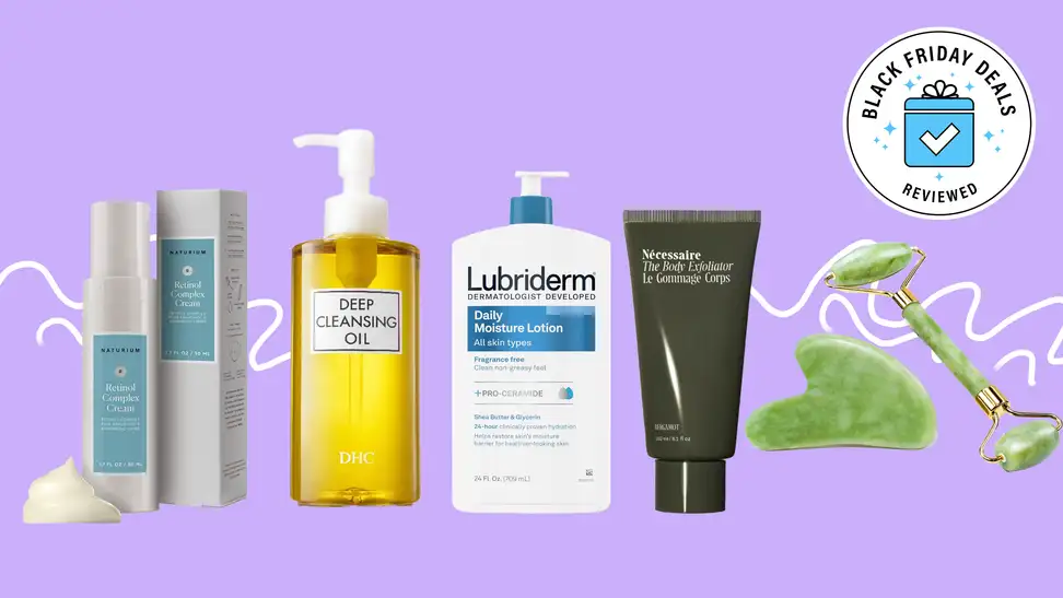 Collage of assorted skincare beauty products.