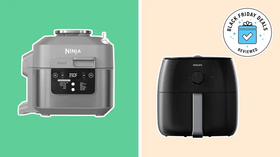 A Ninja air fryer on the left and a Philips air fryers on the right.