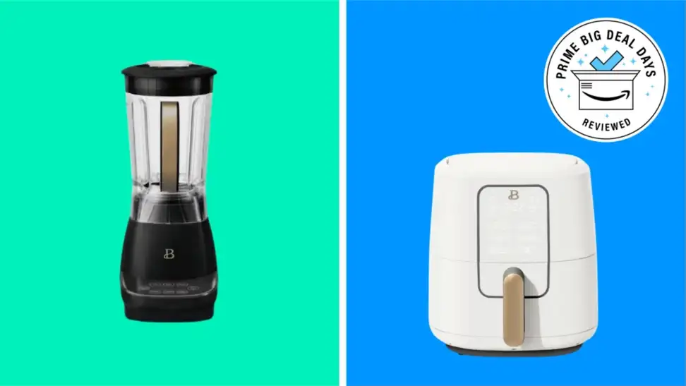 Beautiful by Drew Barrymore blender and air fryer on colored backgrounds.