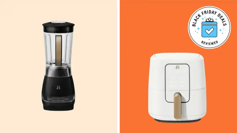 Beautiful by Drew Barrymore blender and air fryer on colored backgrounds.