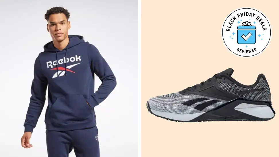A Reebok model and shoe on a collage with a Black Friday badge in the corner.