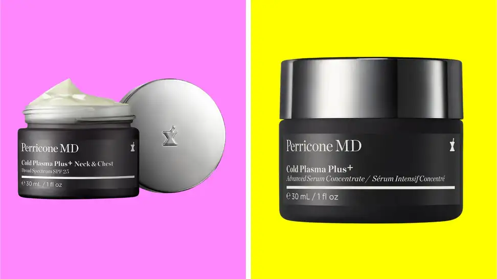 Two Perricone MD skincare products in front of colored backgrounds.