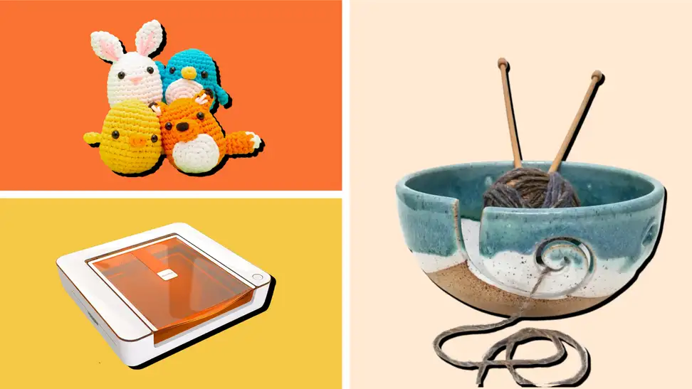 Glowforge craft laser cutter, The Woobles crochet animal figures and Mediterranean Breeze ceramic yarn bowl