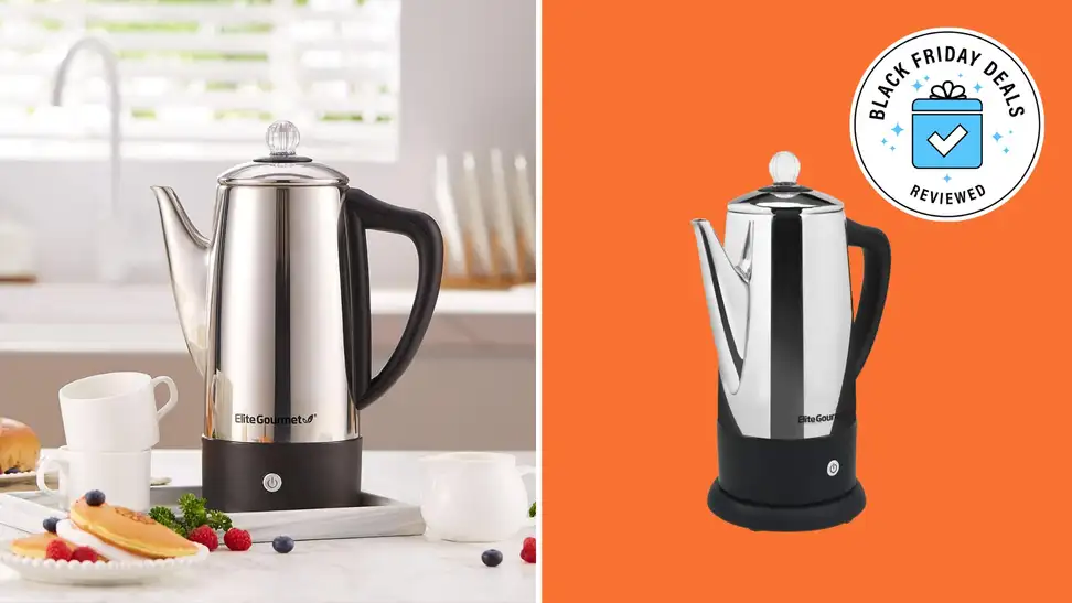 The Elite Gourmet EC812 sitting on a kitchen table surrounded by fruits, next to a display image of the product.