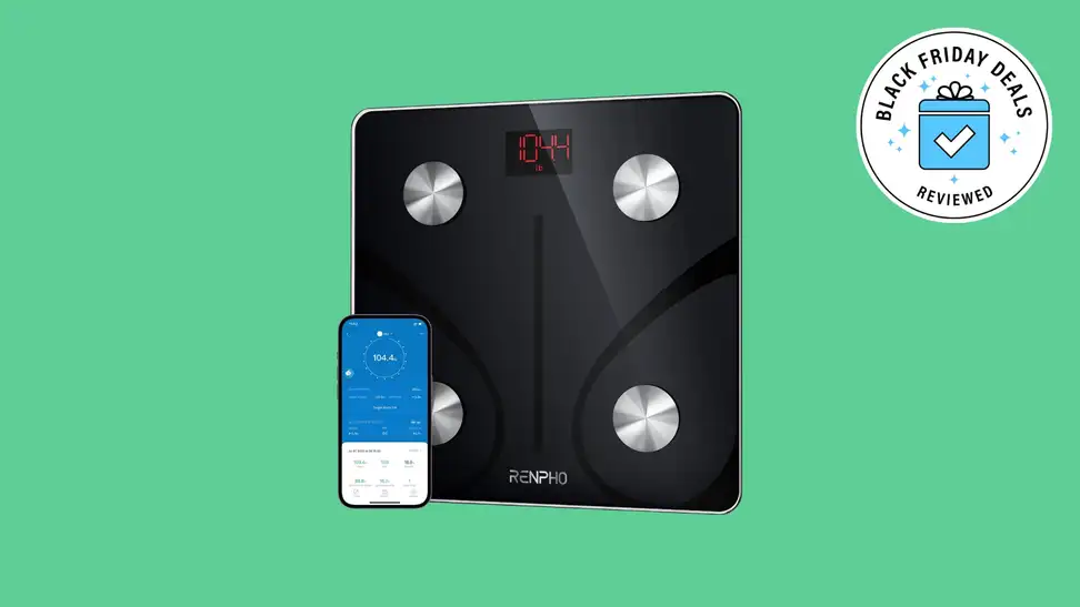 The Renpho Smart Scale in front of a background with the Reviewed Black Friday seal.