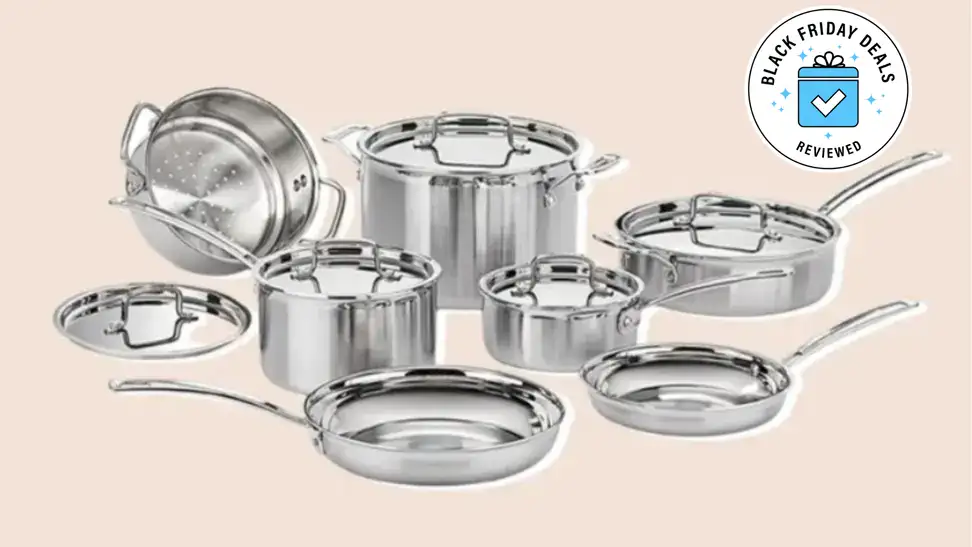 A Cuisinart cookware set on a tan background with a Black Friday badge in the corner.