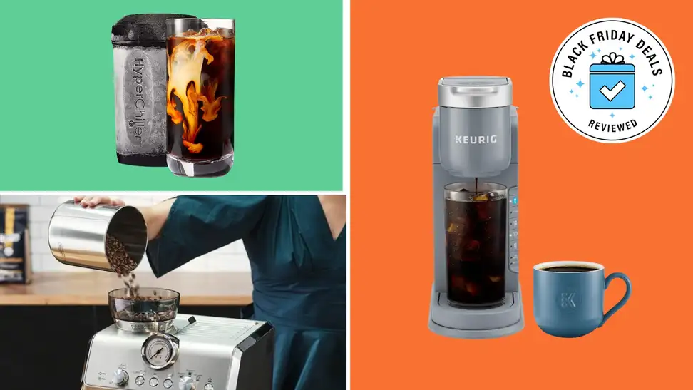 A selection of different coffee makers and a person pouring coffee beans into one.