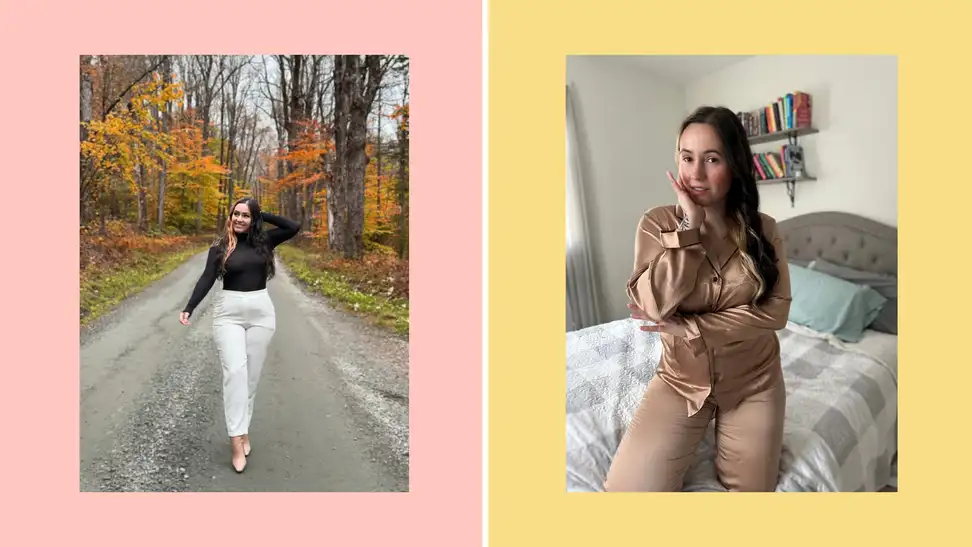 A woman wearing a matching brown silk pajama set, and also an image of the same woman wearing a black turtleneck bodysuit with white pants.