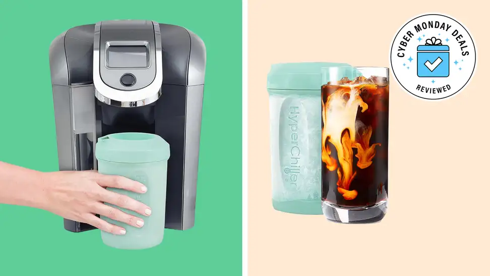 Left, a HyperChiller placed under a coffee maker. Right, a HyperChiller and a glass of iced coffee
