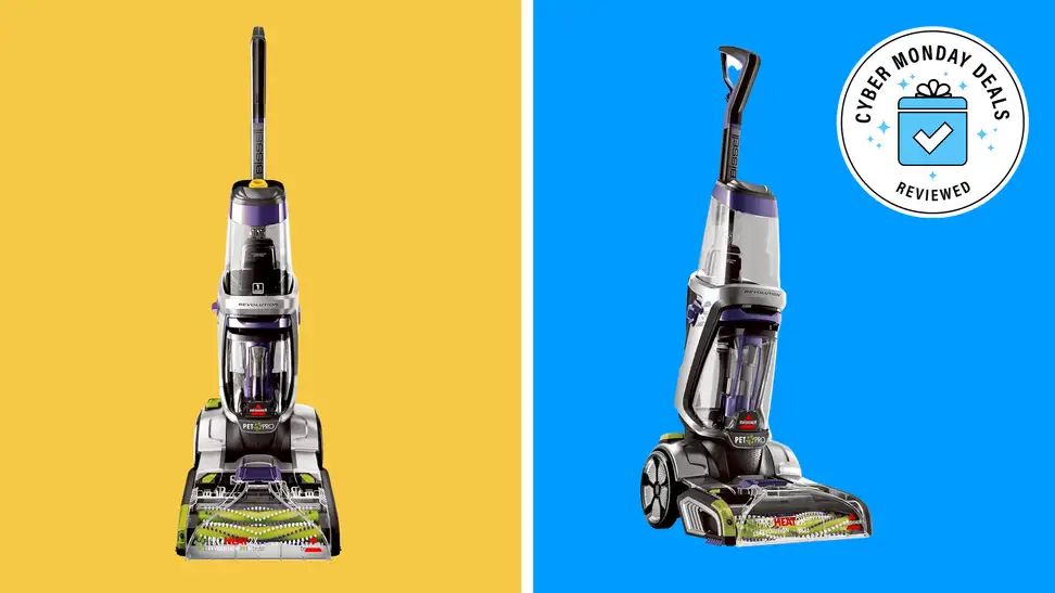 A vacuum sits on a yellow background, next to one on a blue background