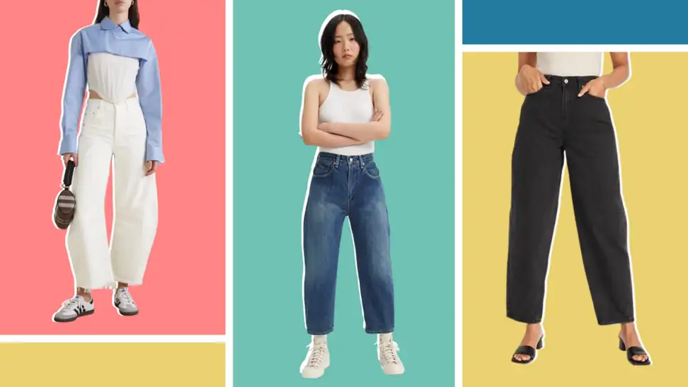 Three models wearing barrel-leg jeans. One pair is white, one is a blue pair, and one pair is black.