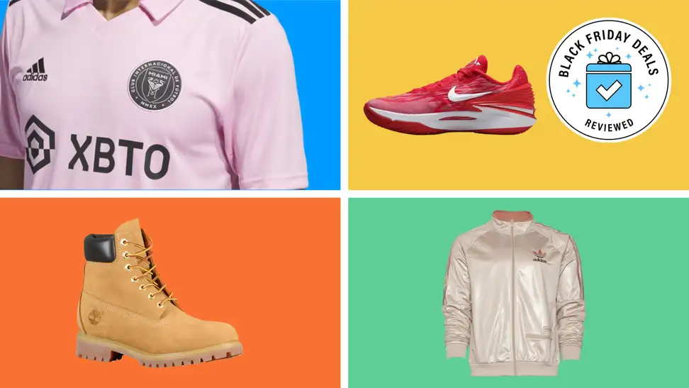 Four activewear products with the Black Friday Deals Reviewed badge in front of colored backgrounds.