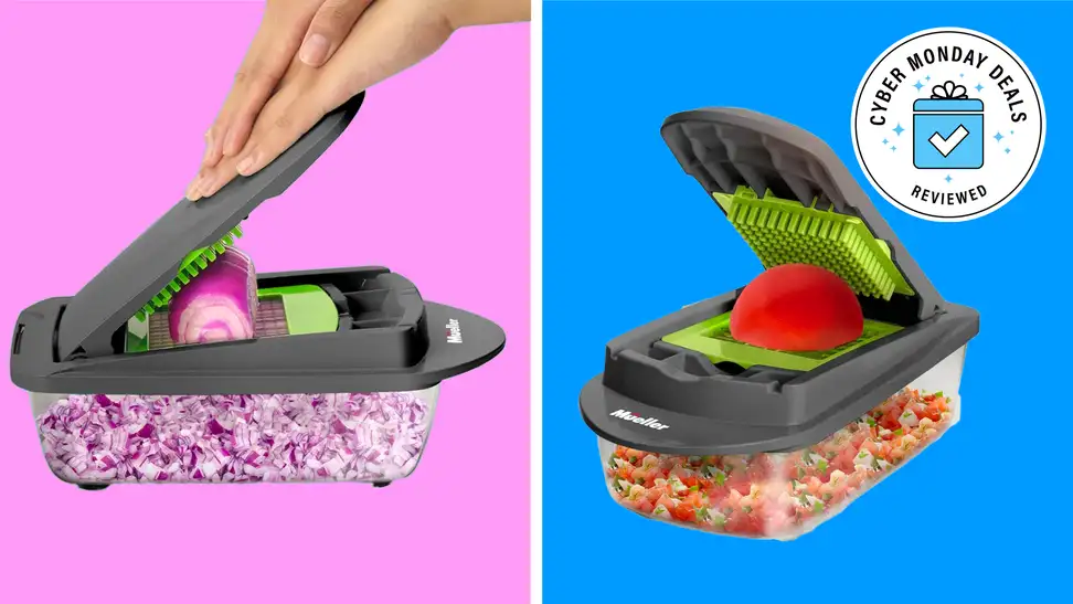 A veggie chopper sits on a pink background, next to one on a blue background