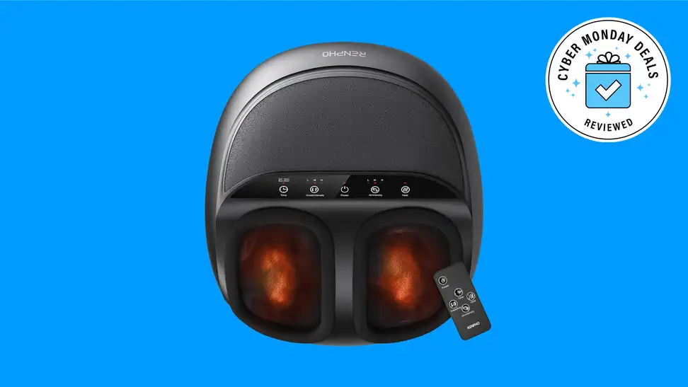A heated foot massager against a blue background.