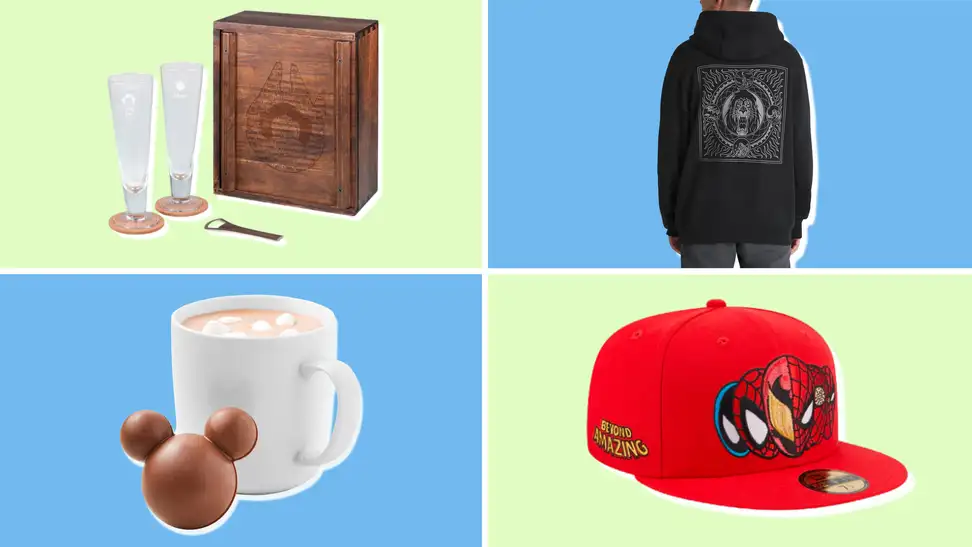 A collection of our favorite gifts for Disney fans of all ages, including a set of two pilsner glasses with a wooden box; a black hoodie with a graphic of Scar from "The Lion King," a hot chocolate bomb shaped with the Mickey Mouse ears in front of a mug of hot chocolate; a red flat-brimmed baseball cap with a logo of Spider-Man on the front.