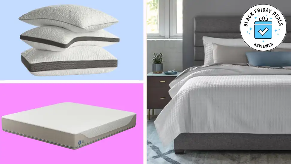 A collection of Sleep Number products with the Black Friday Deals Reviewed badge in front of colored backgrounds.
