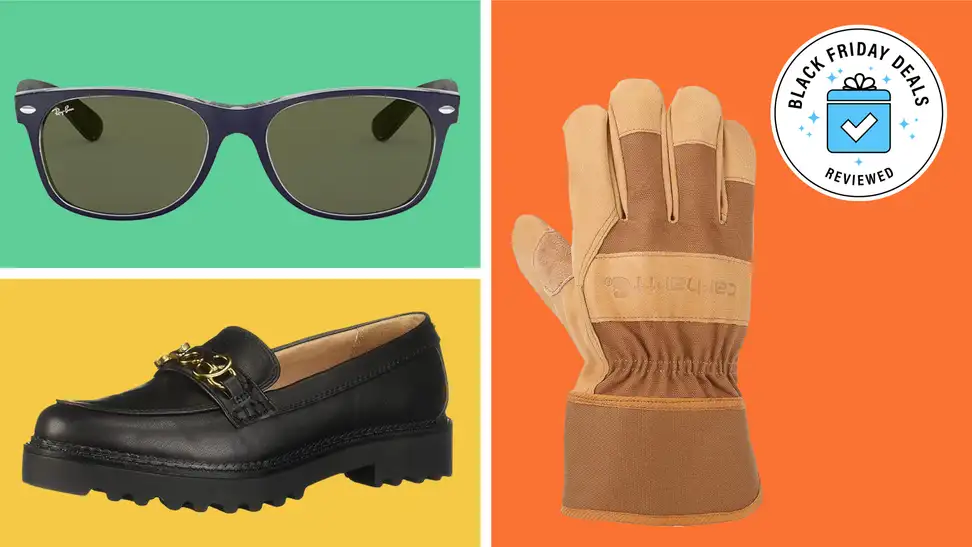 A colorful collage with sunglasses, shoes, and gloves from Amazon.