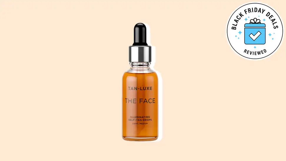 Tan-Luxe facial self-tanner against a beige background.