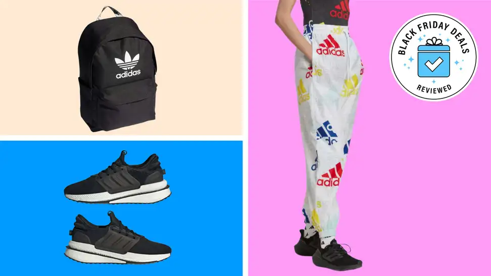 A collection of adidas clothing with the Black Friday Deals Reviewed badge in front of colored backgrounds.