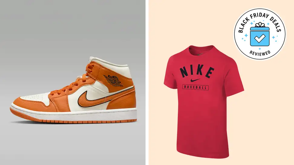 A collage with Nike shoes and a shirt with a Black Friday badge in the corner.