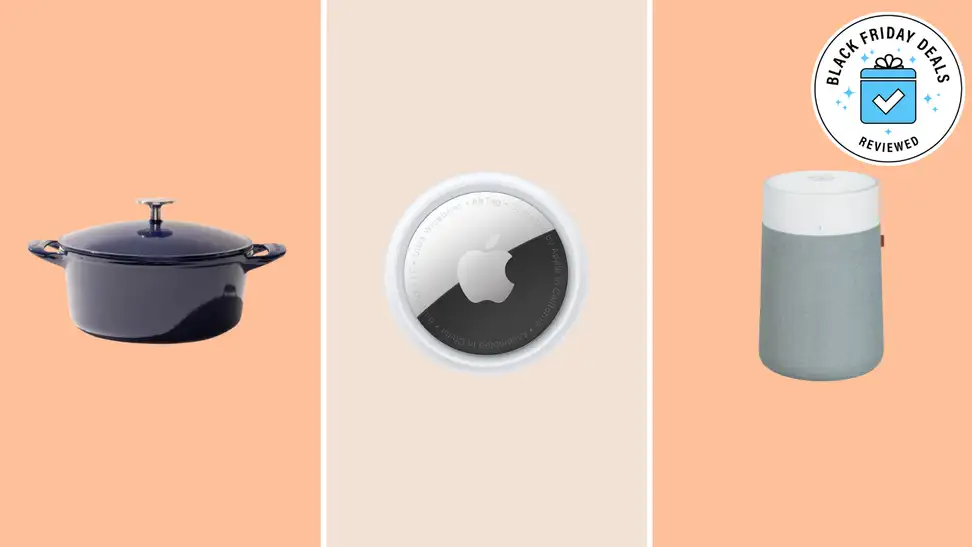 Dutch oven, AirTag, air purifier on orange background