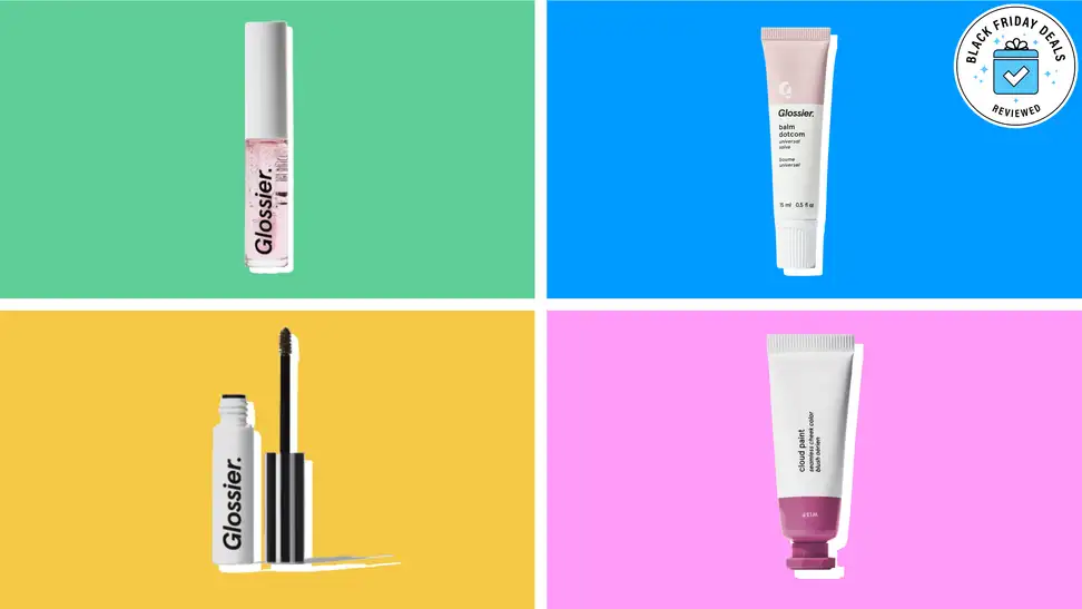 Collage of four Glossier beauty products.