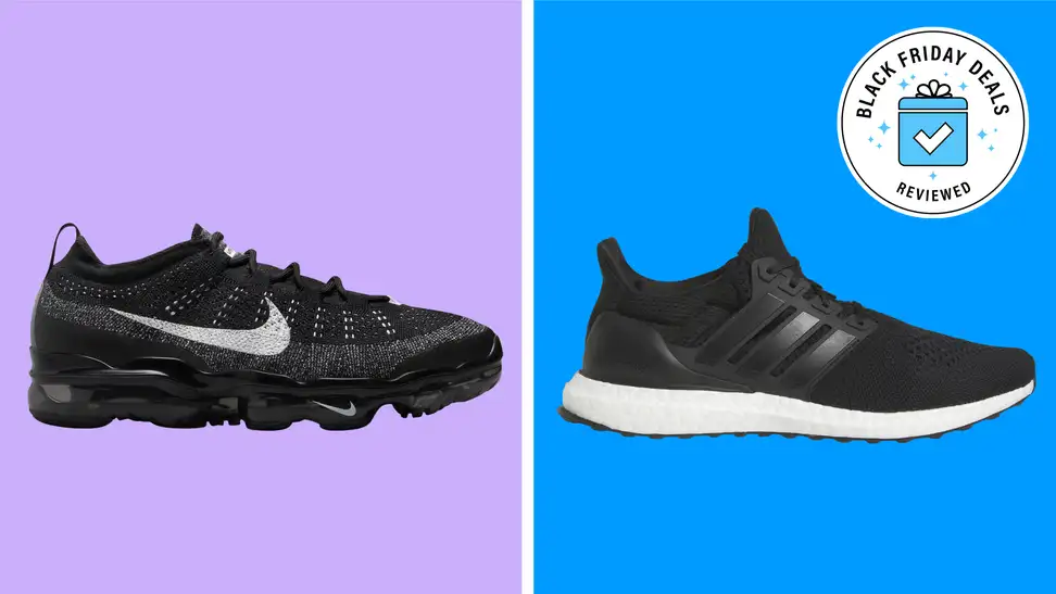 A colorful collage with Nike and Adidas shoes and a Black Friday badge.