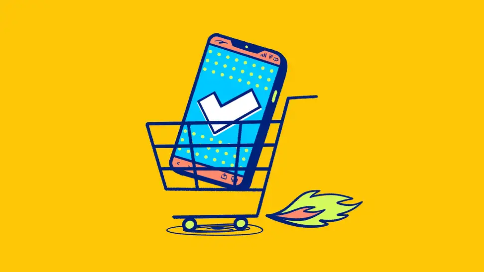 A cartoon image of a phone with the Reviewed logo zooms along in a shopping cart blasting fire on a yellow background.
