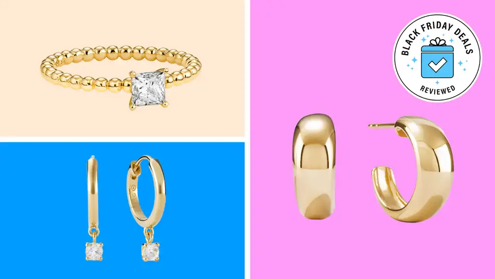 Several images of Mejuri jewelry, including an engagement ring, a pair of pave diamond hoops, and a pair of wide gold hoops.
