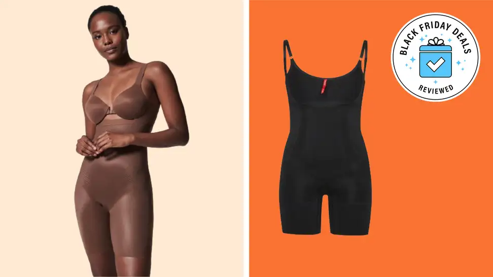 A model wearing a matching brown shapewear set, and a product shot of a black bodysuit.