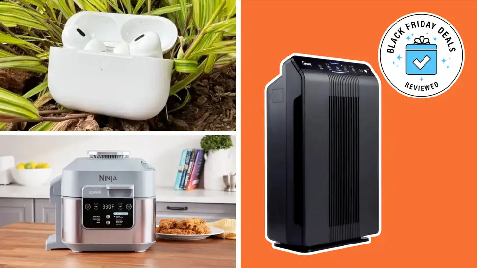 A collage with testing photos of Air Pods Pro and Ninja Air Fryer on the right. A Winix air purifier next to a Black Friday deals shopping icon on the right.