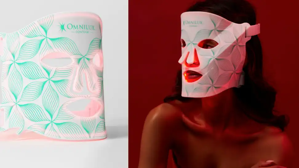 A diptych of the Omnilux mask and a woman wearing it in low light.