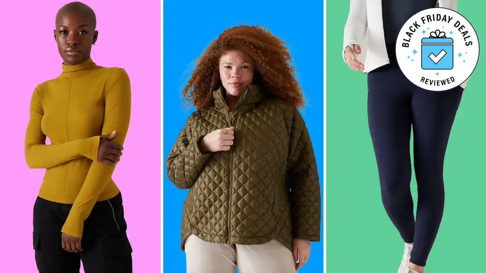 Three women in Athleta sportswear on a colorblocked background.