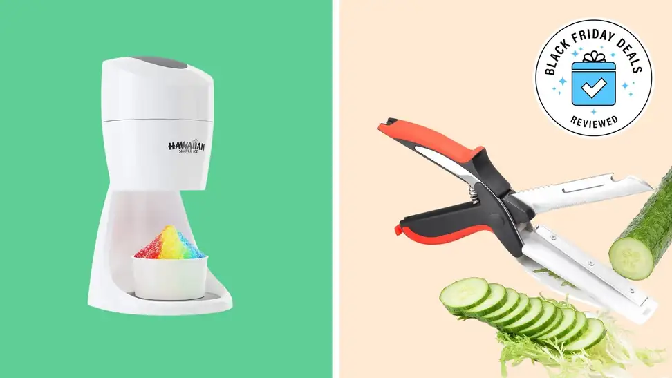 Photo collage of hawaiian ice makre and vegetable scissors