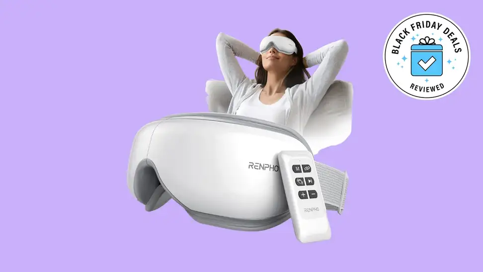 A woman relaxes with a white eye mask on a purple background