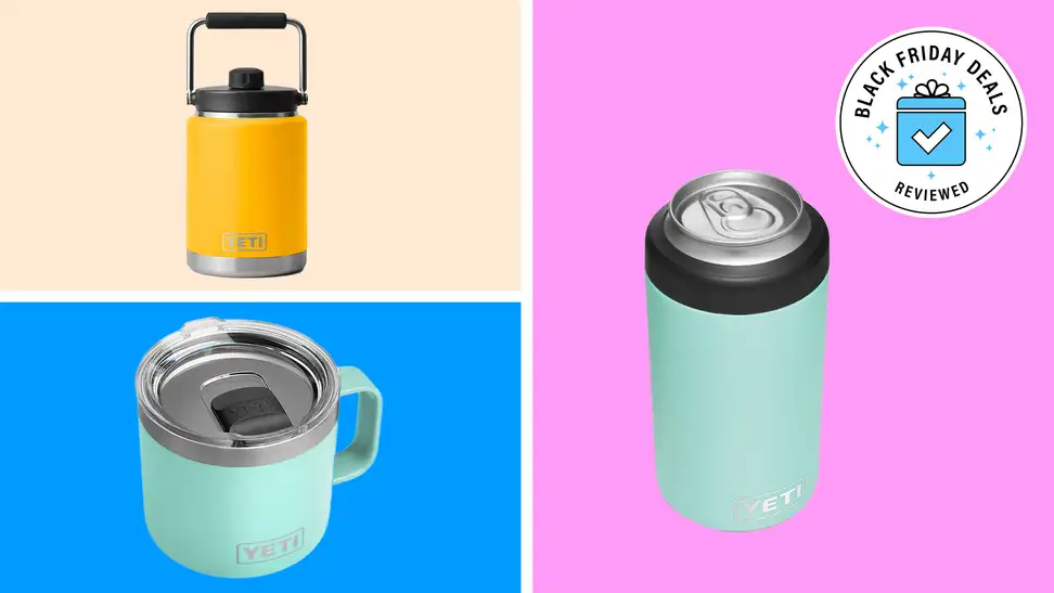 Collage image of three Yeti rambler insulated cups.