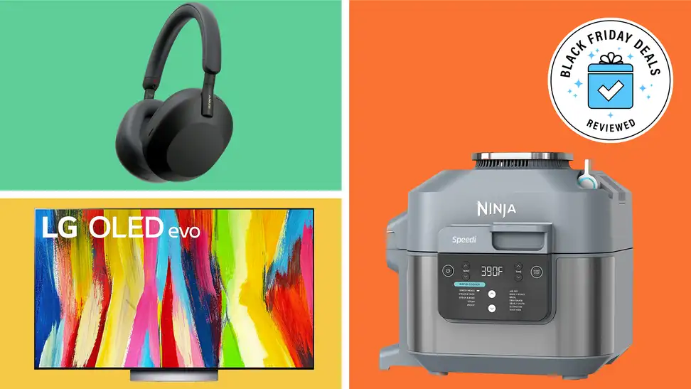 A colorful collage with a TV, air fryer, and a pair of headphones from Walmart.