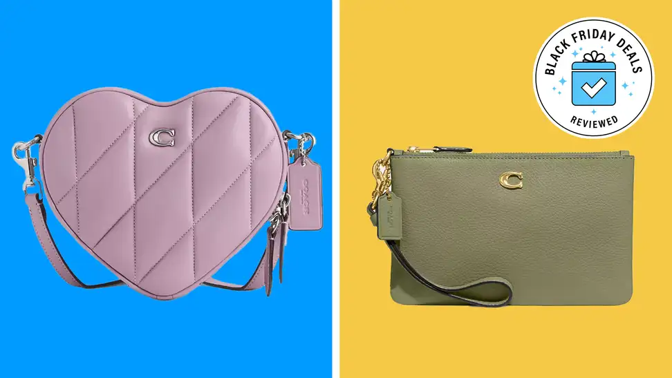 A coach purse and wallet on a blue and yellow background.