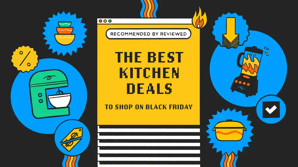 Ninja ceramic pan, KitchenAid stand mixer, Beast blender, and Wonder Oven on colorful background